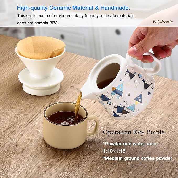 Pour Over Coffee Maker, Ceramic Coffee dripper with 100 pcs V60 Paper Filter, Ceramic coffee Server with Lid, 15.5oz/450 ml, Suitable for 1-2 people (White A)