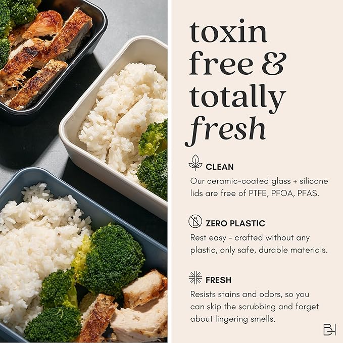 Ceramic Coated Glass Food Storage Containers | No PTFE, PFOA, PFAS, and BPA | Reusable Non Toxic Meal Prep Containers with Glass Lids | Easy To Store | 10 Piece Set [Onyx]
