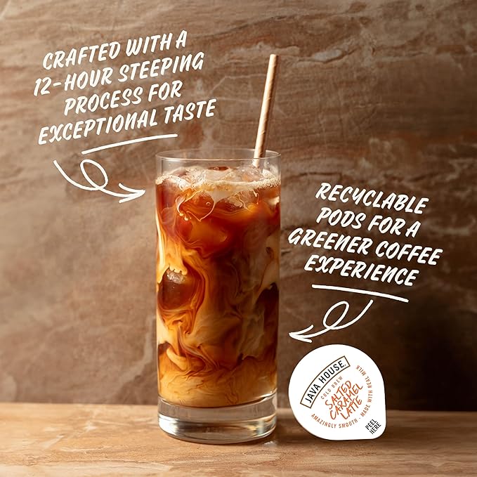 JAVA HOUSE Salted Caramel Latte Cold Brew Coffee Pods, (12 Count) Peel and Pour Pods Hot or Iced