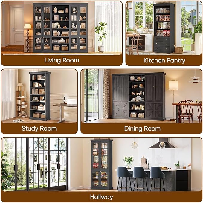 70.8" Tall Bookshelf with Doors, Farmhouse Modular Bookcase with 4-Tier Adjustable Shelves, Large Storage Cabinet for Home Office, Living Room, Black, Set of 3