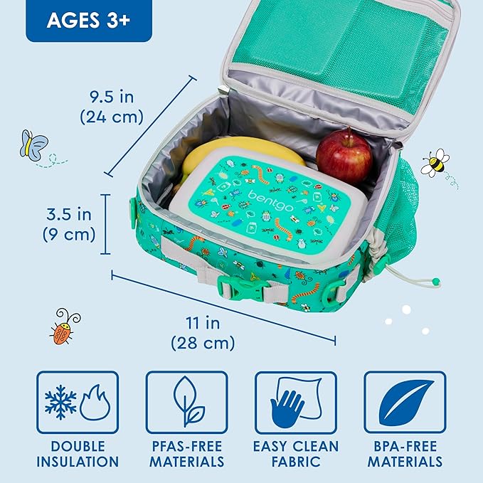 Bentgo Kids Lunch Bag - Durable, Double-Insulated Lunch Bag for Kids 3+; Holds Lunch Box, Water Bottle, & Snacks; Easy-Clean Water-Resistant Fabric & Multiple Zippered Pockets (Bug Buddies)