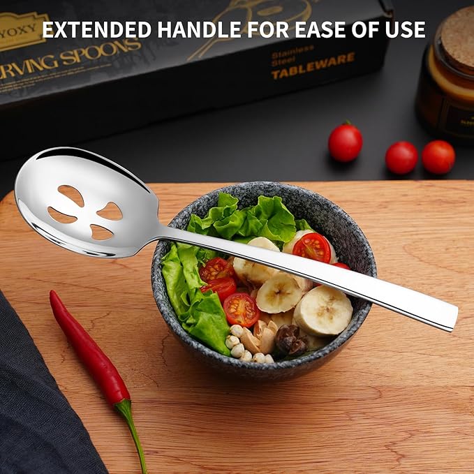 8 Piece Stainless Steel Serving Spoons Set - 4 Large, 4 Slotted, 9.2-Inch, Dishwasher Safe, for Parties/Kitchen/Buffet/Catering