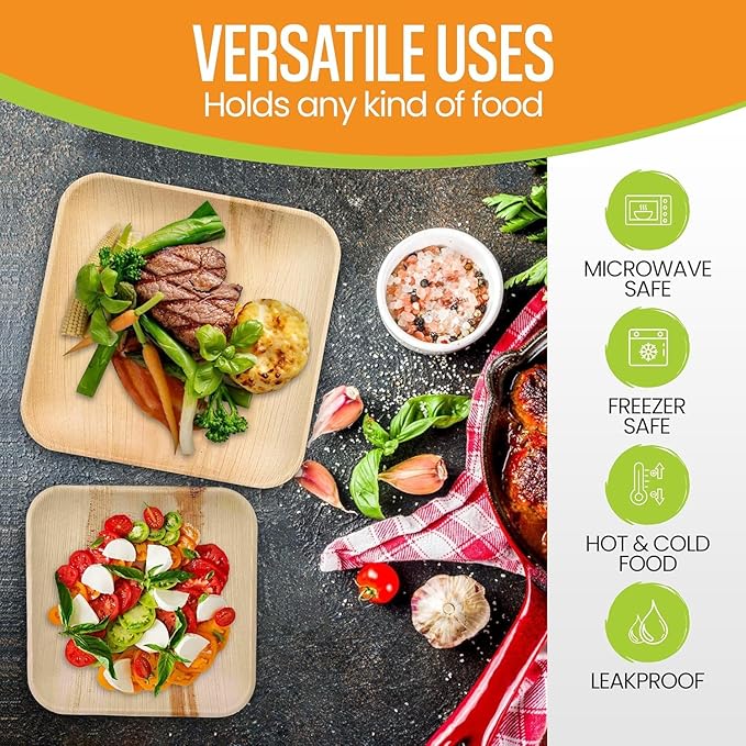 Raj Palm Leaf Plates Bulk [50-Pack] 10" & 7" Square Plates (10 CASES - 500 PACK) like Bamboo plates Disposable, Strong, Decorative Compostable Tableware for weddings, Lunch, Dinners