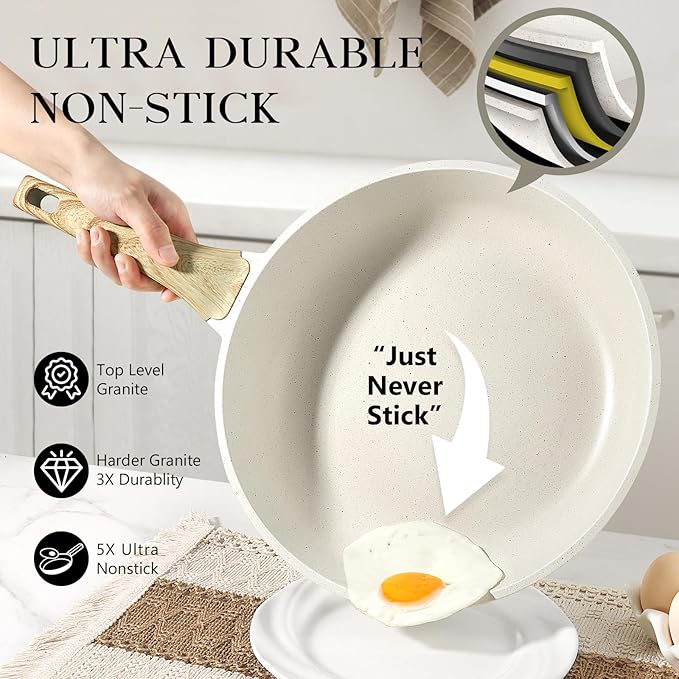 GiPP Nonstick Frying Pan Skillet with Lid - 9.5" White Granite Non Stick Pans, Omelette Pan with Heat-Resistant Handle, Compatible with All Stovetops, PFOA Free