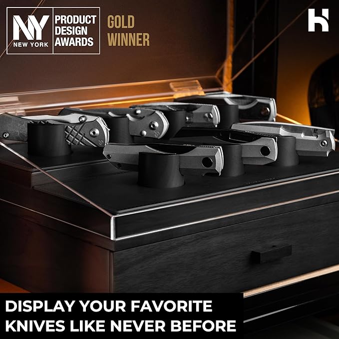 Premium Pocket Knife Display Case for 30 Knives - Large Wooden Knife Organizer, Storage & Holder with Unique Pillars, Hinged Cover, Drawer - Knife Collection Box - Handcrafted for Men