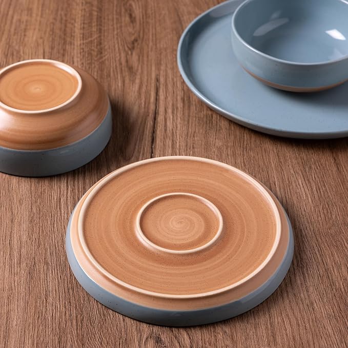AmorArc Ceramic Dinnerware Sets for 4, 12 Pieces Handpainted Plates and Bowls Set with Rustic Terracotta Underside, Scratch Resistant Stoneware Dishes Set, Dishwasher & Microwave Safe, Stone Blue