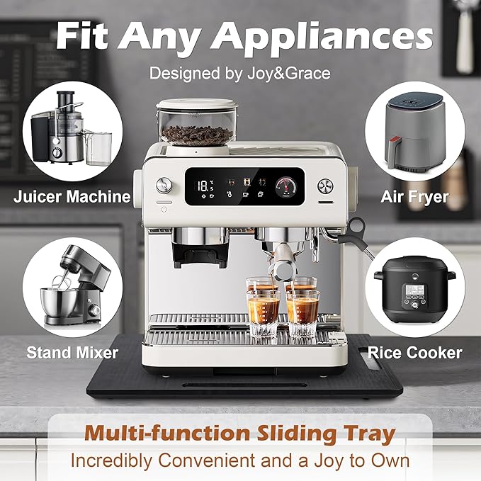 Joy&Grace Appliance Slider for Kitchen Appliances 360° Rolling Sliding Tray for Coffee Maker Countertop, Bamboo Coffee Pot Slider Rolling Tray with Universal Rollers (Black, Large 16"x13")