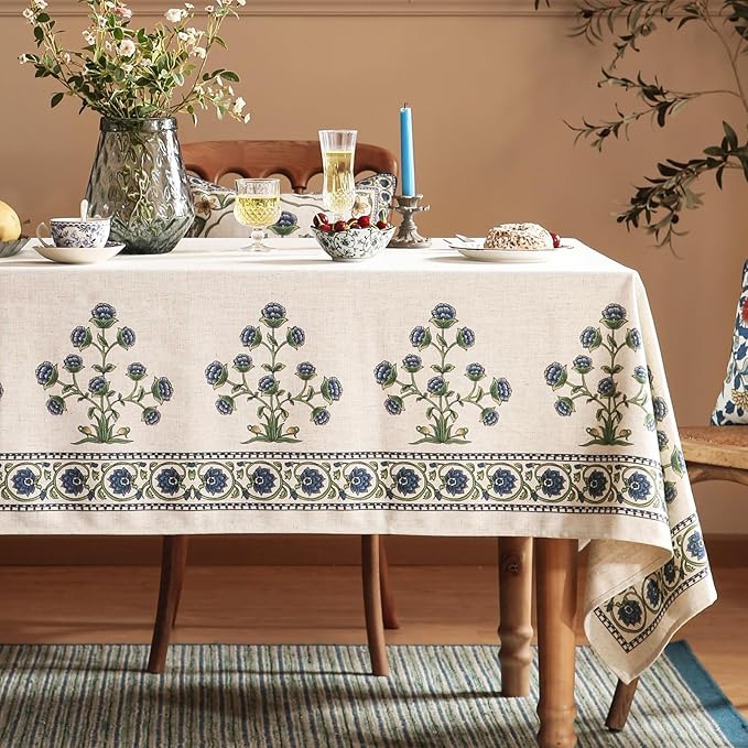 patdrea Designer Linen Vintage Blue Long Rectangle Tablecloth,Leaves Pattern Durable Floral Table Cloth,French Table Cover Cloth Decor for Kitchen Dining,Thanksgiving,Party,63"x102"-Ivar B