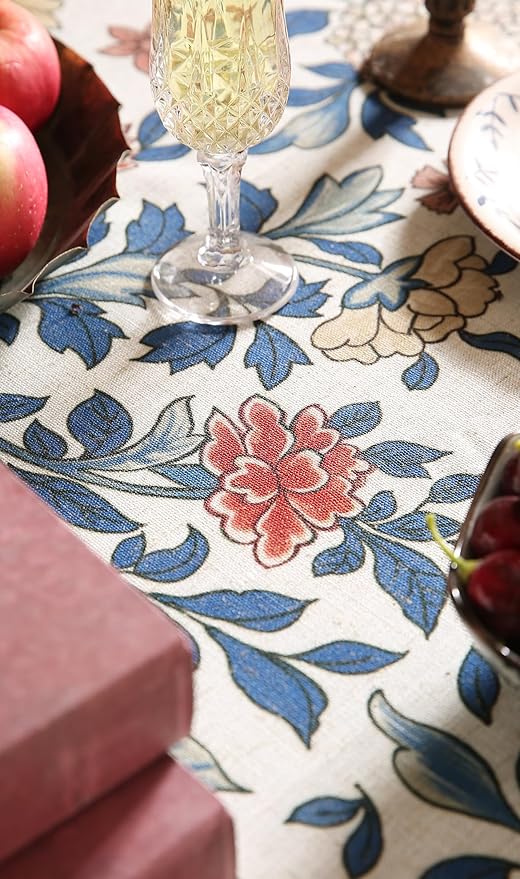 patdrea Designer Blue Tablecloth for Rectangle Table,Vintage Linen Leaves and Floral Pattern Extra Long Tablecloths,Farmhouse Decor Cover for Kitchen Dining Christmas,Thanksgiving,63"x110"-Ivar a