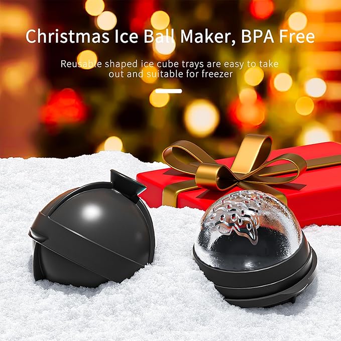 Novelty Christmas Tree Snowflake Ice Ball Maker Mold Set of 2, Christmas Ornament Ice Molds, 2.4" Large Holiday Round Whiskey Ice Cube Mold for Bourbon, Cocktails, Gifts for Men