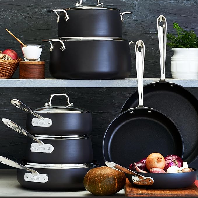All-Clad HA1 Hard Anodized Nonstick Cookware Set 13 Piece Induction Oven Broiler Safe 500F, Lid Safe 350F Pots and Pans Black