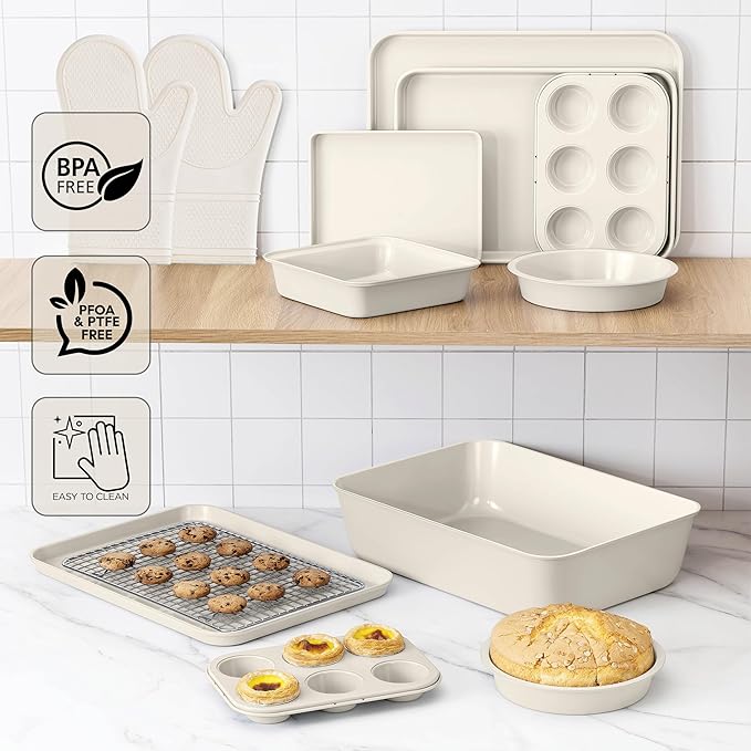 Country Kitchen Nonstick Stackable Bakeware Set - Deluxe Heavy Duty, Durable, Easy Release Baking Set, Cream, 13 Pcs