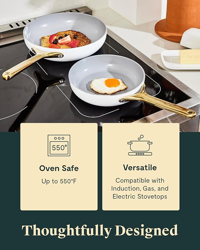 Caraway Ceramic Nonstick Fry Pan Set with Glass Lids – Includes Two 10.5” Fry Pans, One 8” Fry Pan, & Three Lids - Non Toxic, PTFE & PFOA Free - Oven Safe & Compatible with All Stovetops - Navy