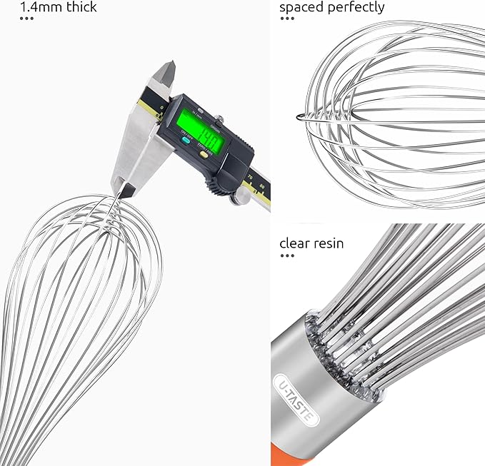 U-Taste Balloon Whisk for Cooking: 18/10 Stainless Steel Kitchen Wire Whisk, 12in Large Heavy Duty Egg Beater, Manual Mixing Tool with 12 High Flex Wires for Stirring, Blending Sauce (Orange)