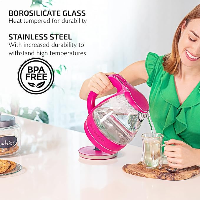 OVENTE Electric Kettle, 1.5L Borosilicate Glass Countertop Water Heater and Boiler for Coffee or Tea, BPA-Free, Auto Shut-Off, Boil-Dry Protection, Removable and Washable Spout Filter, Pink KG83F