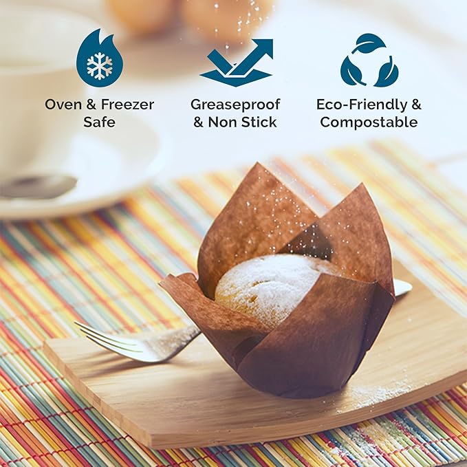 Tulip Cupcake & Muffin Liners – 50gsm Mini Floral Baking Cups – 250 Pcs Natural & Non Toxic Paper Wrappers for Wedding, Bakery, & Party Supplies, Brown, by BHI Packaging