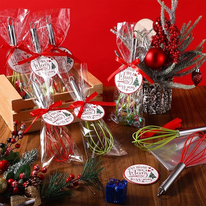 16 Sets 8 Inch Christmas Whisks Gifts DIY Fillable Christmas Tree Ornaments Xmas Colored Silicone Whisks for Cooking Heat Resistant Egg Beaters with Card Rope Bag for Candy Holder