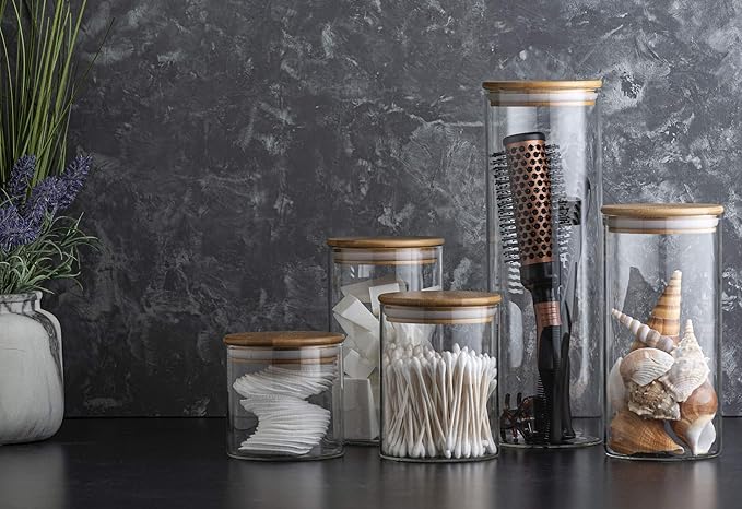 Set of 5 Glass Kitchen Canisters with Airtight Bamboo Lid - Glass Storage Jars for Pantry Organization and Bathroom for Flour, Coffee, Cookie Jar, Candy, Snack, Pasta, Rice, Sugar Packet Holder