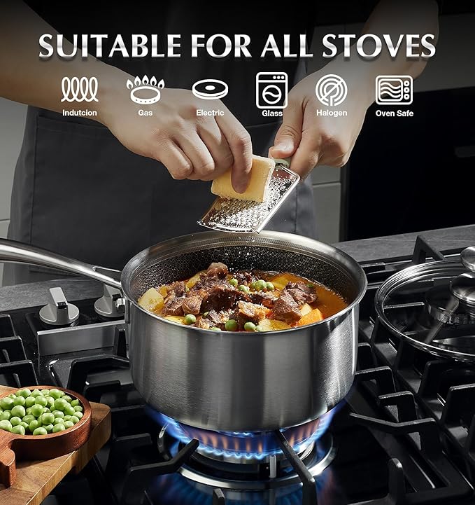 KOCH SYSTEME CS Hybrid Nonstick Stainless Steel Saucepan Set, 1QT & 2QT Triply Stainless Steel Saucepan Set with Hybrid Nonstick Honeycomb Interior, 4-Piece Sauce Pans, Induction Steel Pot Set
