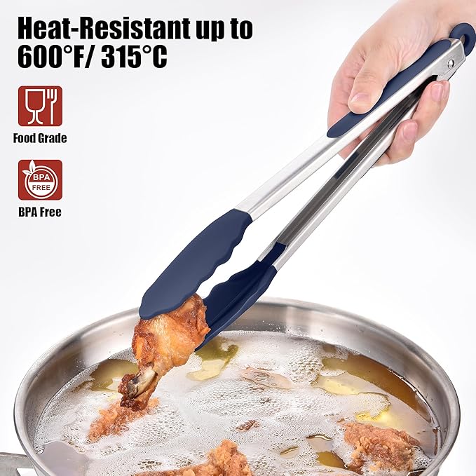 Doosu Kitchen Tongs for Cooking - 600°F Heat Resistant Food Tong Set with Non-Scratch Silicone Tips, Heavy Duty Stainless Steel Locking Tong for BBQ, Grilling Steak, Serving (7+9+12in, Navy Blue)