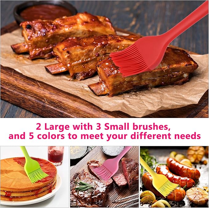 Silicone Basting Pastry Brush Set 5 Pack Heat Resistant Spread Oil Butter Sauce for BBQ Grill Barbeque Kitchen Baking Cooking Pastries, 2 Large & 3 Small Multicolor