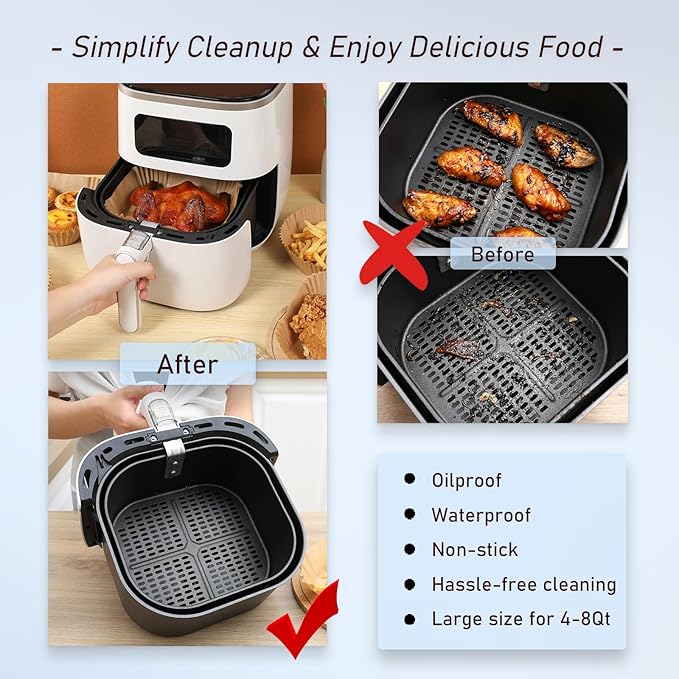 200PCS Air Fryer Paper Liners, Disposable Non-Stick Air Fryer Parchment Paper Fit 4-8QT Air fryer Basket Oil Resistant, Waterproof Baking Paper Roasting Microwave (Square,8 Inch)