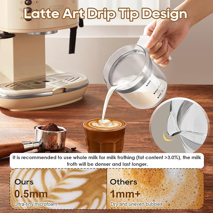 Milk Frother, 16.9 OZ Milk Frother and Steamer, 4 in 1 Electric Milk Frother Dishwasher Safe Durable Silent Frother for Coffee Hot and Cold Foam Maker (White Glass)