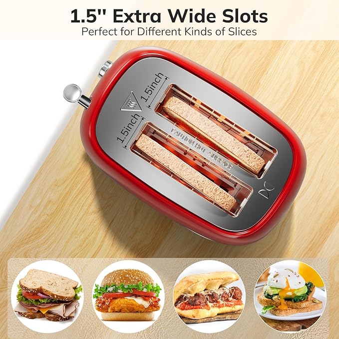 2 Slice Stainless Steel Toaster Retro with 6 Bread Shade Settings, Bagel, Cancel, Defrost Function, Extra Wide Slot, Removable Crumb Tray, Red