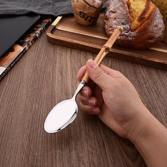 Bamboo Silverware Set, 24-Piece Natural Bamboo Flatware Cutlery with Stainless Steel Silver Head, Includes Knife, Fork, Spoon for Daily Use and Party, Reusable