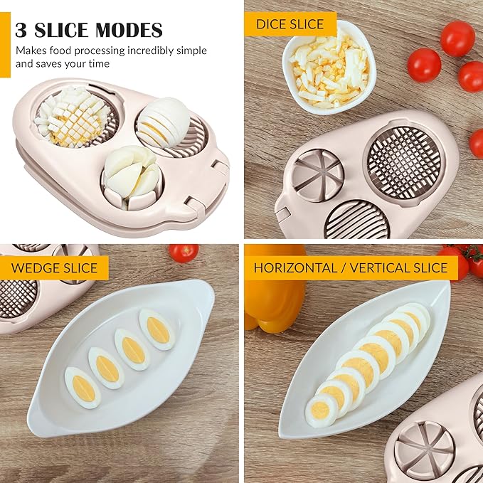 CraftyCrocodile Egg Slicer for Hard Boiled Eggs - 3 Slice Modes Egg Cutter, Heavy Duty, Stainless Steel Dicer - Kitchen Chopper Tool for Strawberry, Mushroom, Grape, Cherry Tomato - Light Beige