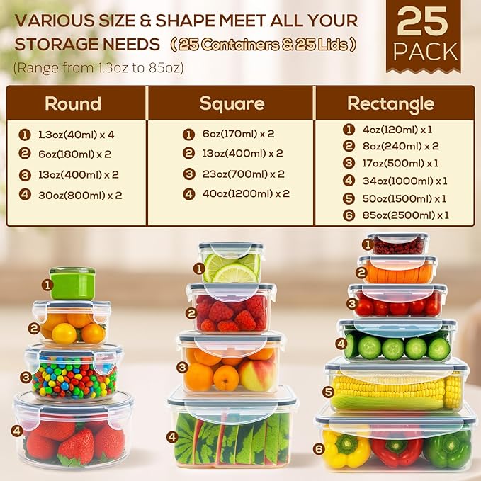50 PCS Thicker Food Storage Containers with Lids, Clear Stackable Airtight Leakproof Reusable Plastic Meal Prep Container Set for Kitchen Storage/Lunch, Fridge/Microwave Safe with Labels&Pen