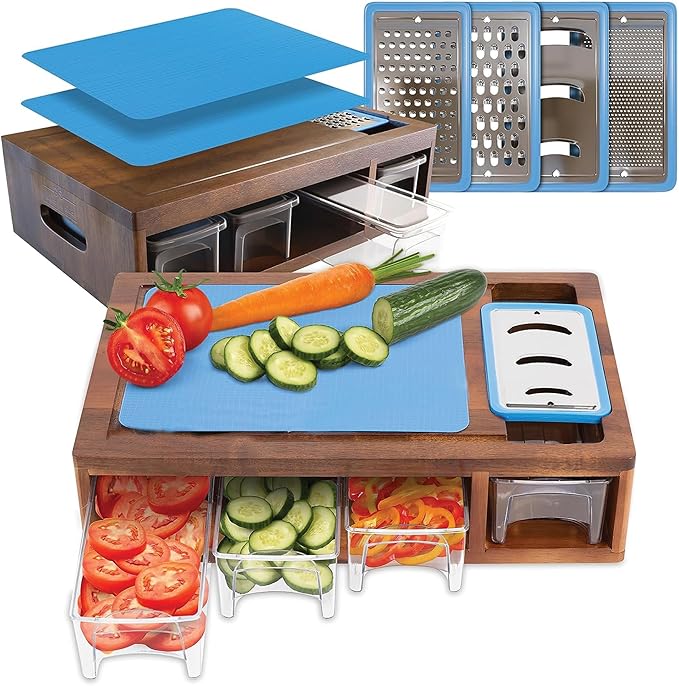 Acacia Cutting Board with Containers & Lids - Board Meal Prep System w 4 Graters, 2 Plastic Chopping Board for Meat, Juice Grooves & More - Cutting Board Prep Station for Kitchen