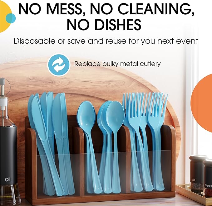 Party Solids Light Blue Plastic Silverware Heavy Duty 300 Pcs Light Blue Plastic Cutlery Sets, Utensil Sets, 100 Of Each Forks, Knives & Spoons Disposable Cutlery Set, Flatware Set For Party Supplies
