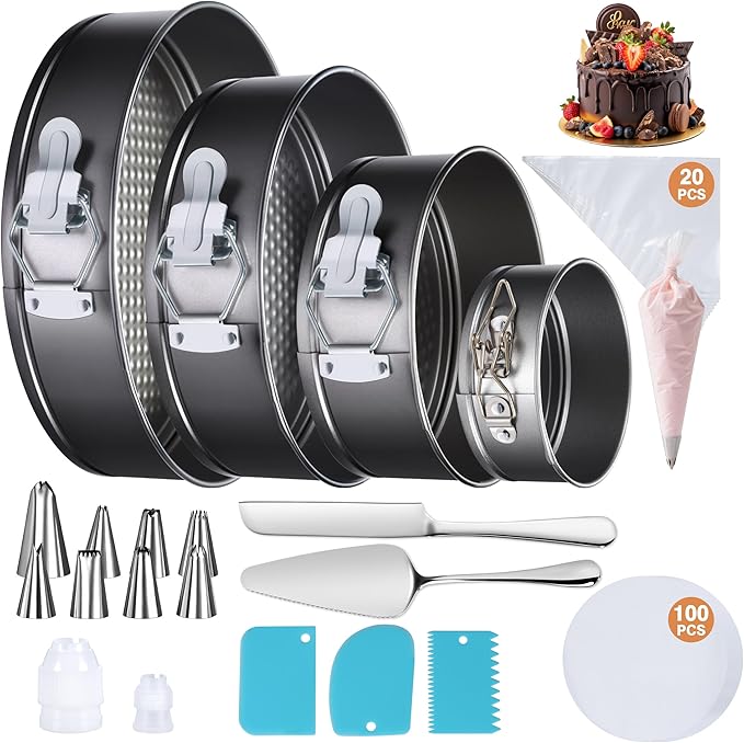 139PCS Springform Cake Pan Set - 4 Non-stick Cheesecake Pans(4/7/9/10-Inch) + Cake Decorating Supplies: Parchment Paper, Pastry Bags and Tips, Icing Scrapers, Cake Cutting Set & More!