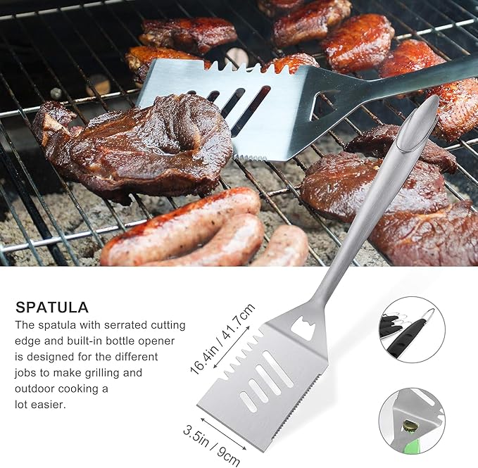 Grilljoy 8PCS Heavy Duty BBQ Grill Tools Set with Extra Thick Stainless Steel Spatula, Fork, Tongs & Cleaning Brush - Complete Barbecue Accessories Kit with Portable Bag - Perfect Grill Gifts for Men