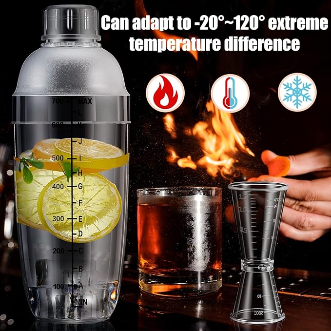 8 Pcs Plastic Cocktail Shaker Set 6 Pcs 24 oz Drink Shaker 2 Pcs Double Measuring Jigger Clear Plastic Bottle Tea Drink Mixer Cocktail Measuring Cup for Kitchen Bar Party Tools