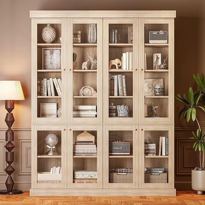70.8" Bookshelf with Glass Doors, Farmhouse Modular Bookcase with 6-Tier Adjustable Shelves, Large Storage Cabinet for Living Room & Home Office, Set of 4, Brown