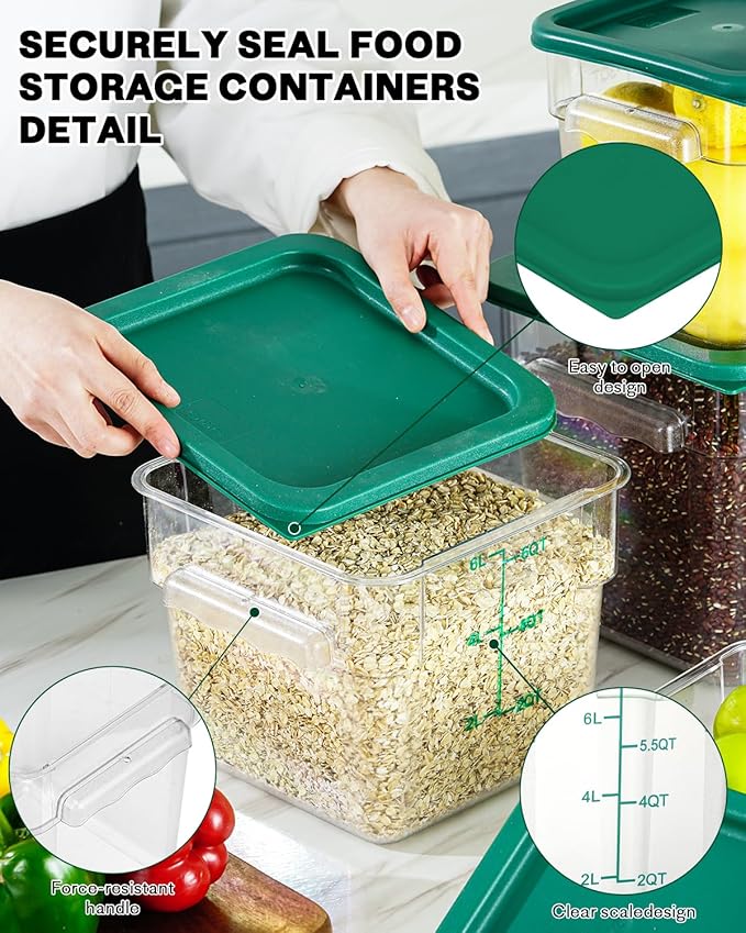 6QT NSF Food Storage Containers: 6PCS [Food Grade][Hot&Cold Resistant] Commercial Clear Food Storage Containers with Lids for Restaurant Kitchen Proof Dough, Measuring Spoons Included(GREEN N1)