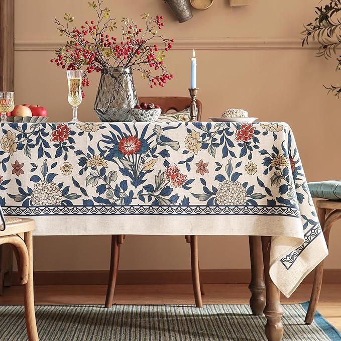 patdrea Designer Small Blue Tablecloth for Square Table,Vintage Linen with Leaves and Floral Pattern Tablecloths,Farmhouse Decor Cover for Kitchen Dining,Christmas,Thanksgiving,55"x55"-Ivar a