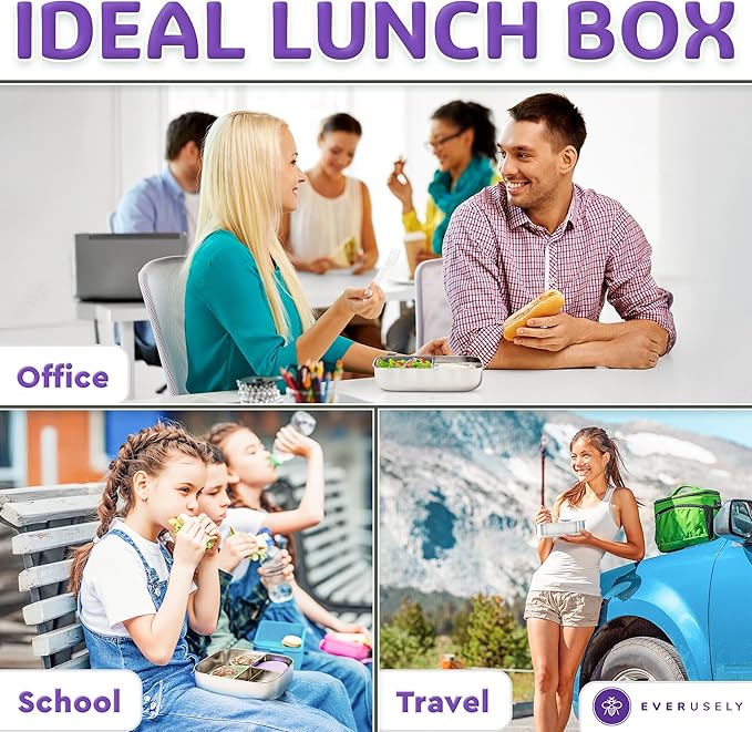 Everusely - Bento Box - Lavender, 47oz / 1.4 L - Stainless Steel Lunch Box with Leakproof Condiment Container - 3 Compartment Snack Organizer for On the Go Meals - Freezer & Dishwasher Safe