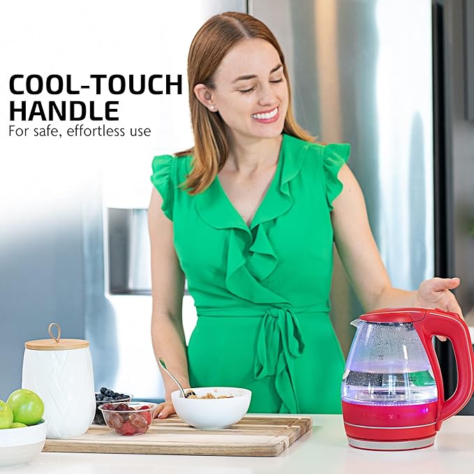 OVENTE Electric Kettle, 1.5L Borosilicate Glass Countertop Water Heater and Boiler for Coffee or Tea, BPA-Free, Auto Shut-Off, Boil-Dry Protection, Removable and Washable Spout Filter, Red KG83R