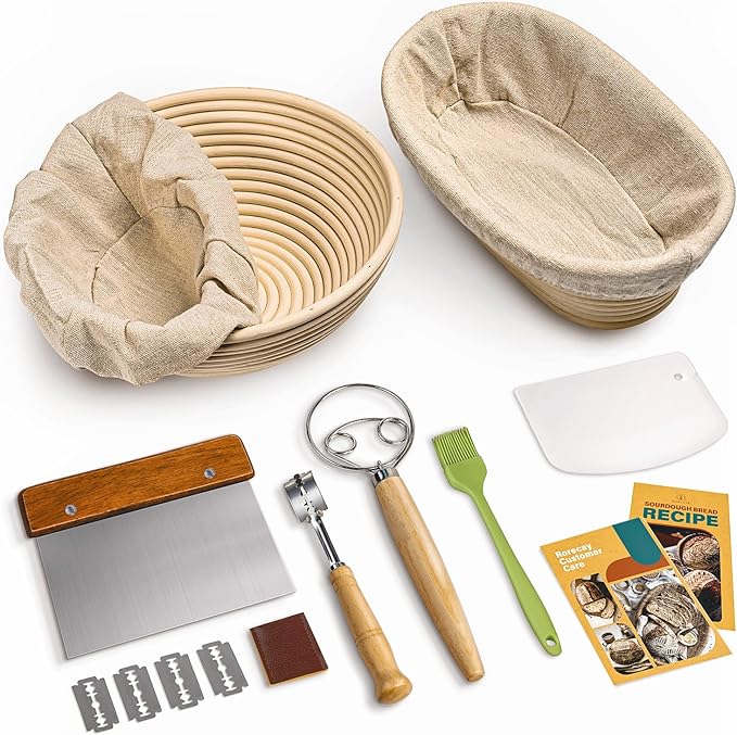 RORECAY Bread Banneton Proofing Basket Set, 9 Inch Round & 10 Inch Oval Cane Sourdough Baskets with Dough Whisk Lame Dough Scraper Bowl Scraper Silicone Brush Sourdough Bread Baking Supplies
