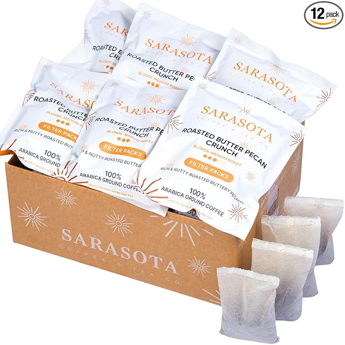 Ground Flavored Coffee In Filter Packs | Medium Roast Low Acid Mold Free Pouches | Sampler Packets | Roasted Butter Pecan Crunch Gourmet Powder Bags for 10-12 Cup Drip Maker | Highest Rated Individual Premeasured Coffee