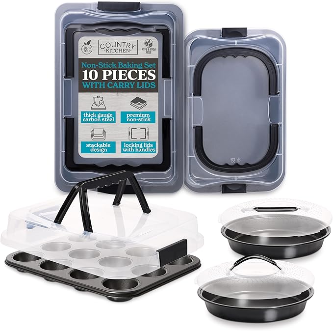 Country Kitchen Baking Pans Set - 10 Piece Non-Stick Cake Pans with Carry Lids for Easy Storage & Travel, Perfect for Parties - Stackable, Black