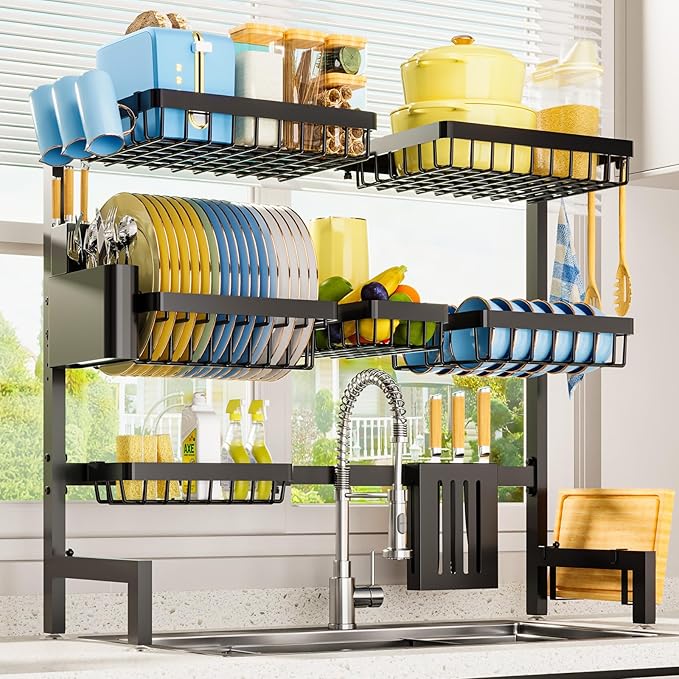 Dish Drying Rack - Over The Sink Dish Drainer Drying Rack with Utensil & Knife Holder, Hooks, Stainless Steel Kitchen Organizers and Storage Solution, 11.8" D x 31.5"~39.0''W x 30" H, Black