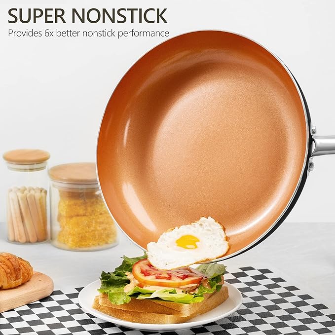 MICHELANGELO Copper Frying Pan Set with Lid, 8" & 10" Nonstick Skillets with Lids, Non Stick Frying Pans Set, Ceramic Non Toxic Fry Pans, Induction Compatible