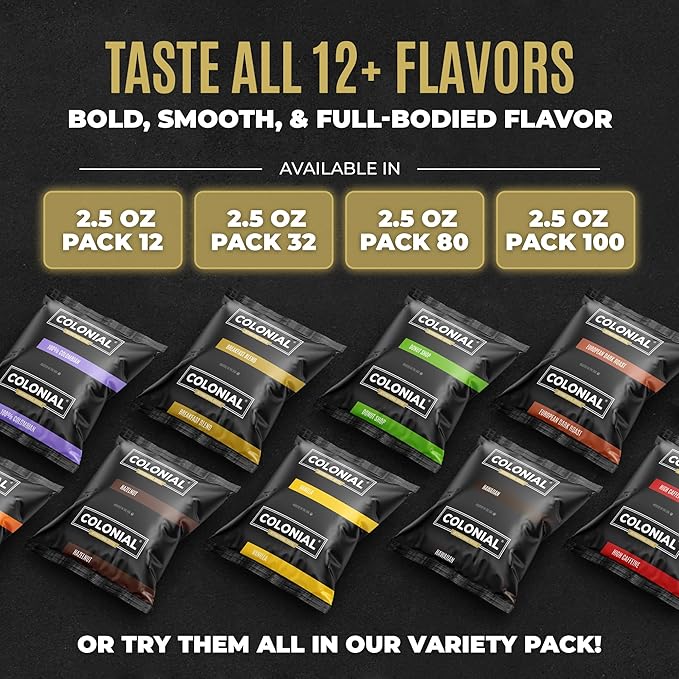 Colonial Coffee 12 Count Single Pot Coffee Packets – 100% Arabica Colombian, Medium Roast | Pre-Measured Frac Packs for 12 Cup Maker | Bulk Ground Gourmet Coffee for Home & Office