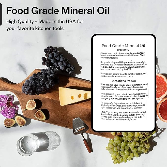 Thirteen Chefs Mineral Oil - 64oz Food Grade Conditioner for Wood Cutting Board, Countertop & Butcher Block, Lubricant for Knife or Meat Grinder - Safe USP Finish on Marble, Soapstone