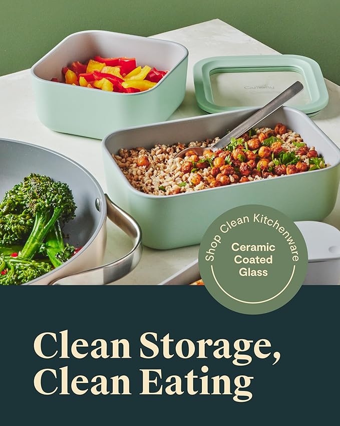Caraway 3pc Glass Food Storage Set – 10 Cup, 6.6 Cup, & 4.4 Cup Food Containers - Ceramic Coated - Non Toxic Non Stick Lunch Box with Glass Lids - Dishwasher, Oven, & Microwave Safe - Cream