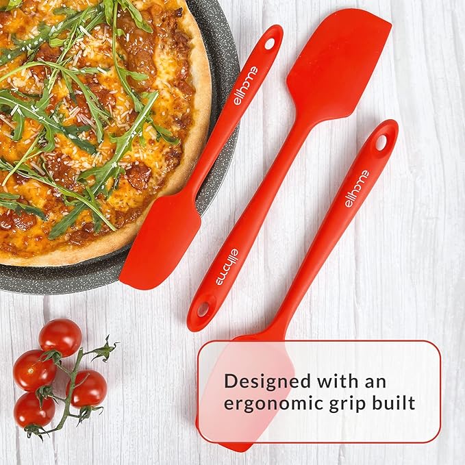 Elihome Chef Series 3 Piece Silicone Spatula Set - 600°F Heat Resistant Non Stick Rubber Kitchen Scraper Spatulas for Cooking, Baking, and Mixing – BPA Free and LFGB Certified Silicone (Red)